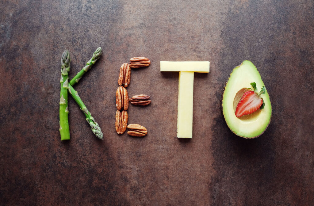 A selection of foods for the Ketogenic diet form in the word '' KETO".